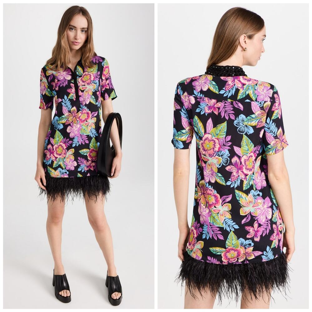 NWT Le Superbe Palm Beach Polo Dress Black Acid Floral Ostrich Feather $525 Sz 2
